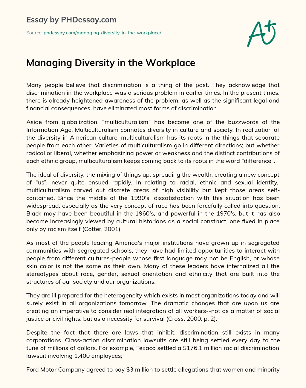 Managing Diversity in the Workplace essay