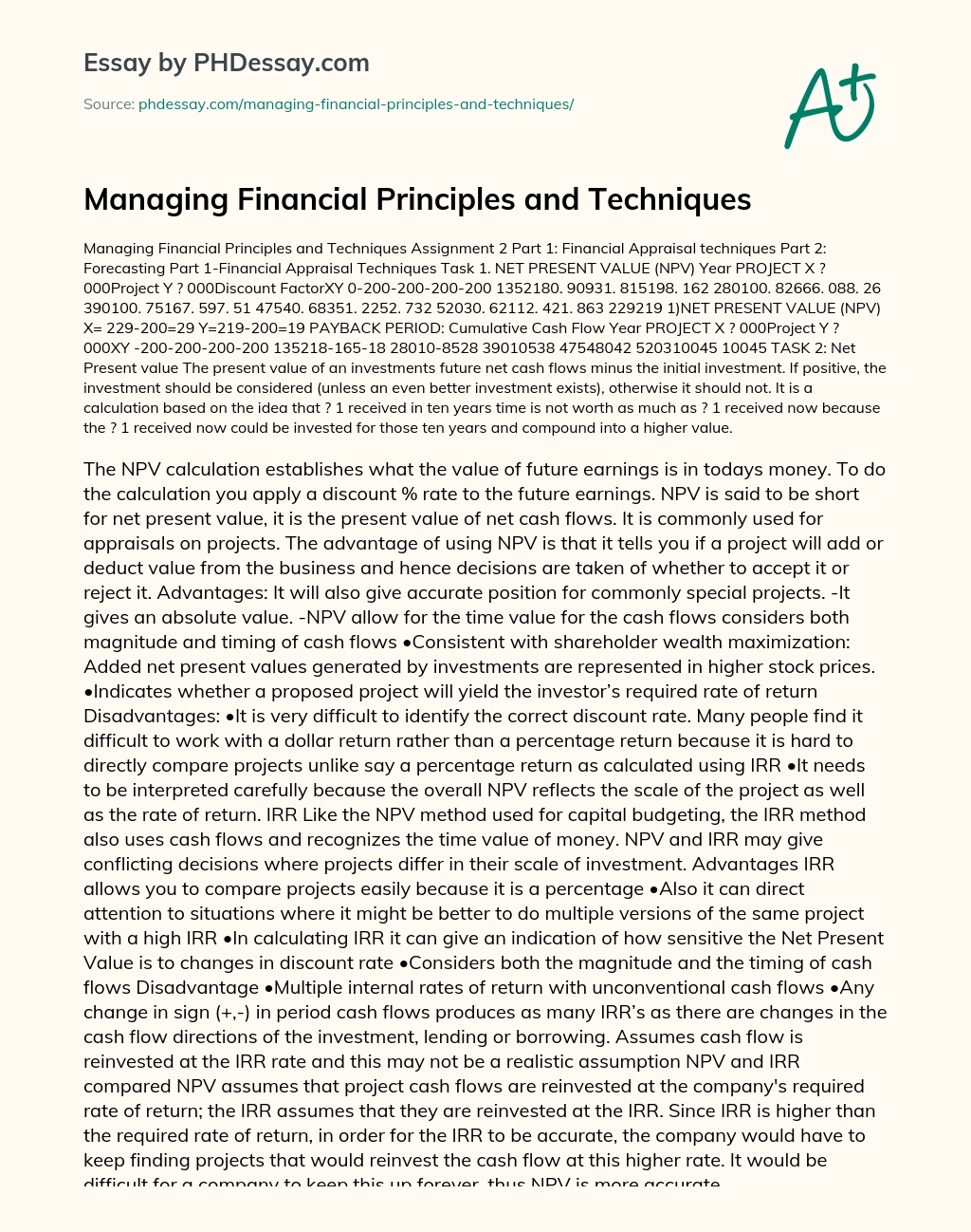 Managing Financial Principles and Techniques essay