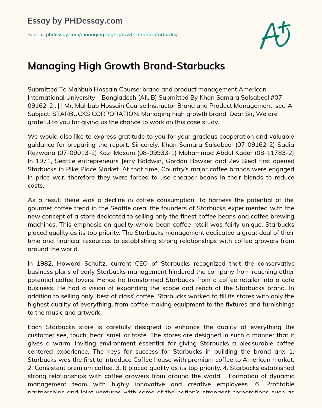 Managing High Growth Brand-Starbucks essay