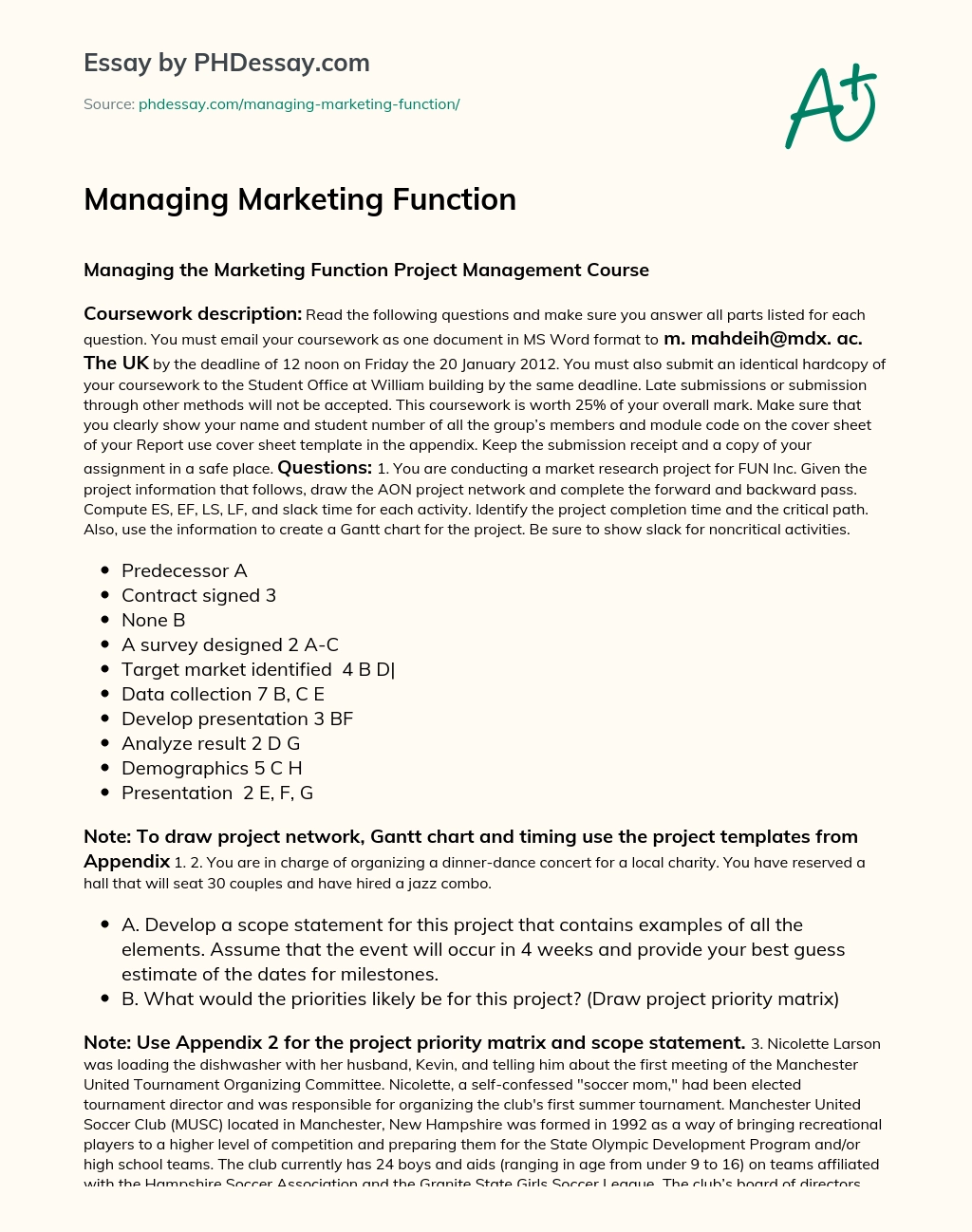 Managing Marketing Function essay