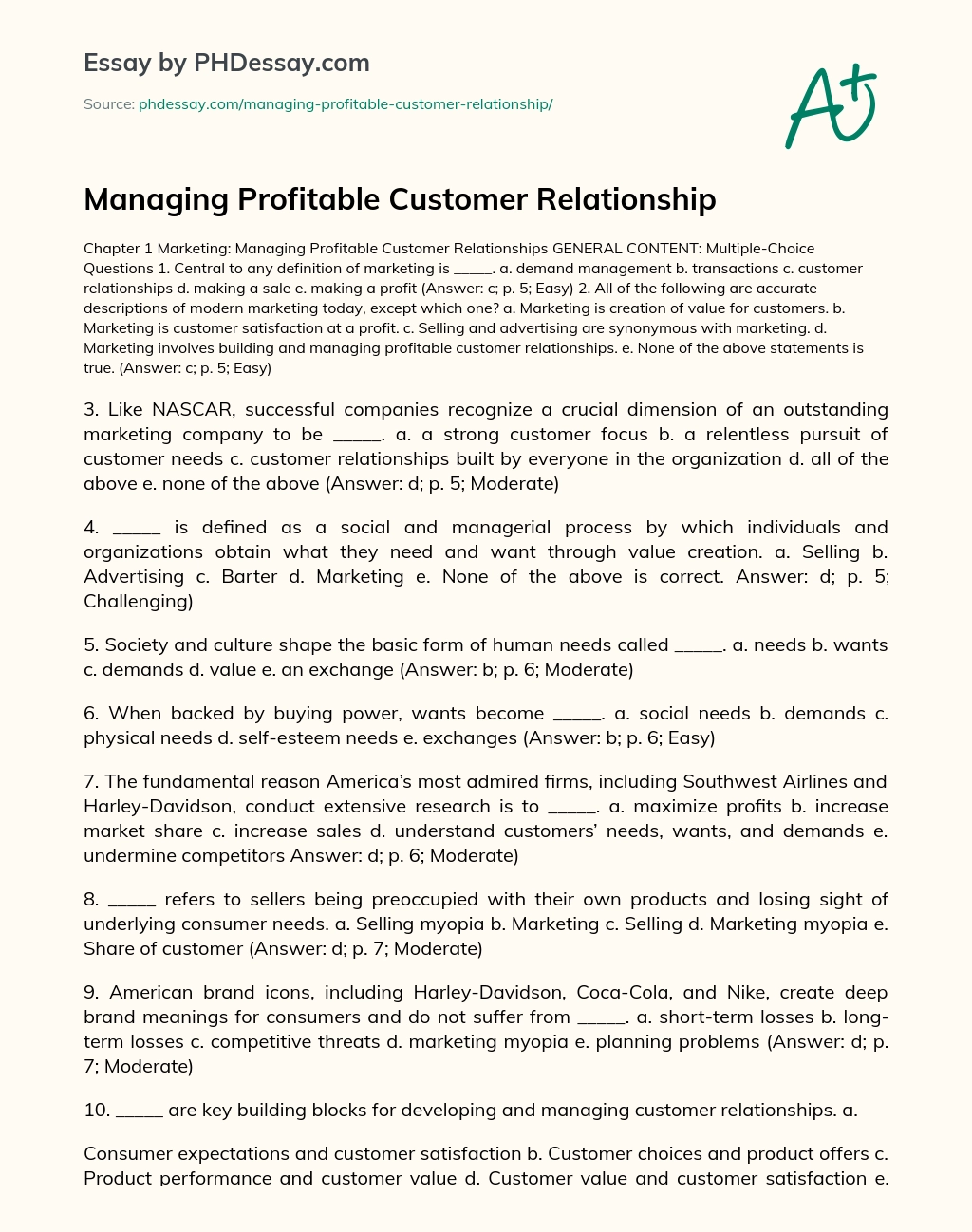 Managing Profitable Customer Relationship essay