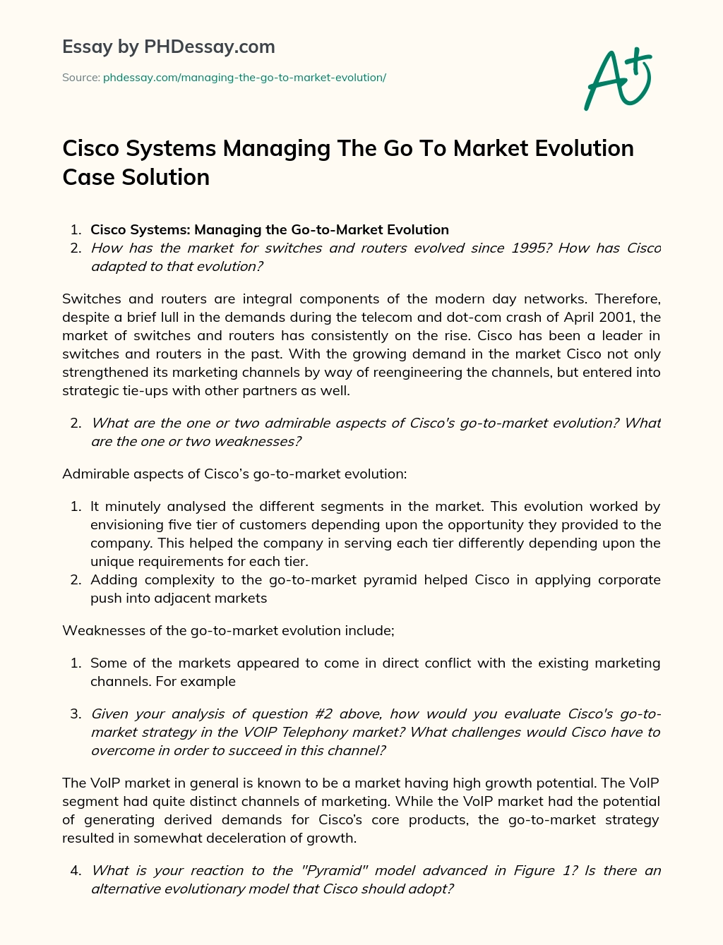 Cisco Systems Managing The Go To Market Evolution Case Solution essay