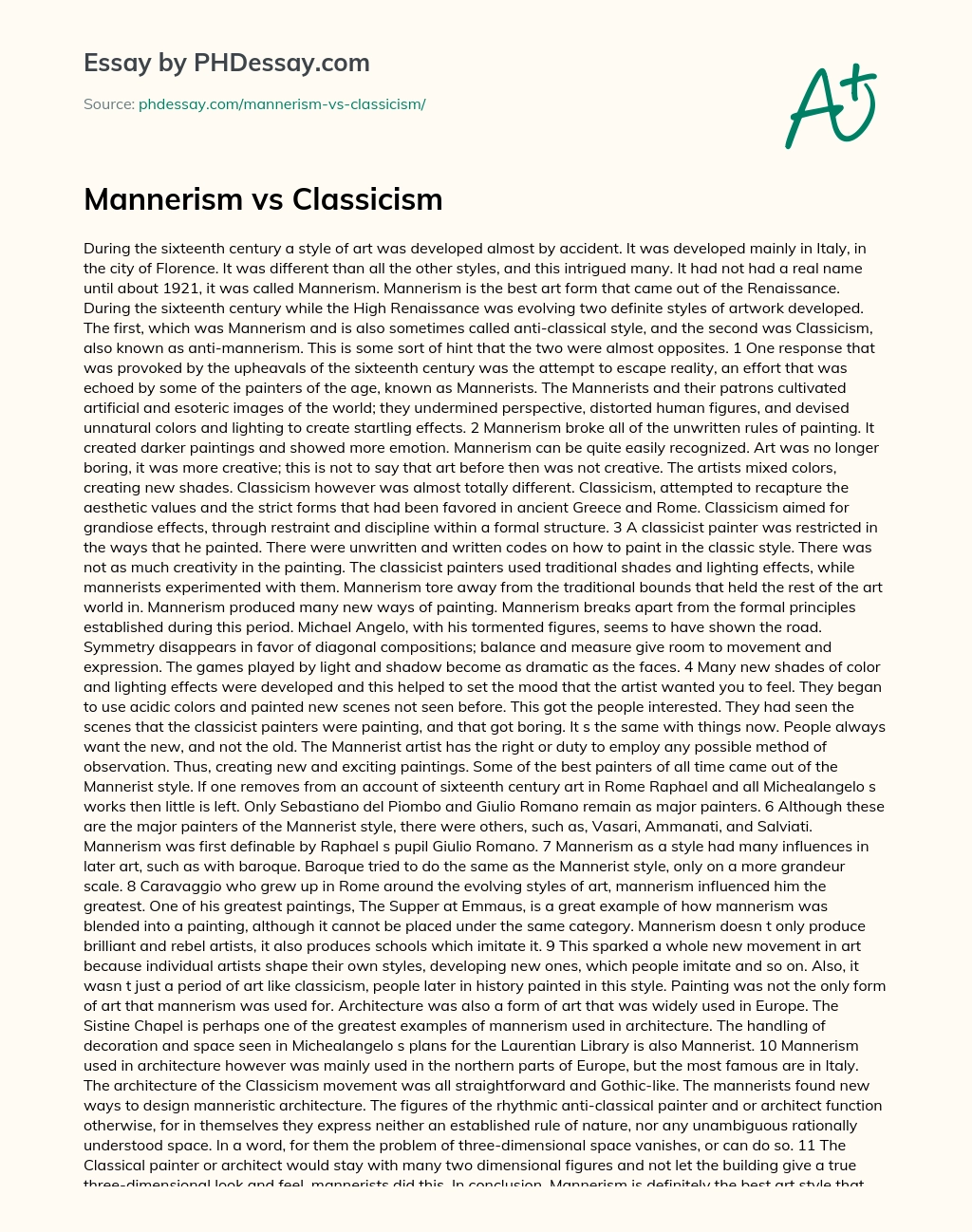 Mannerism vs Classicism essay