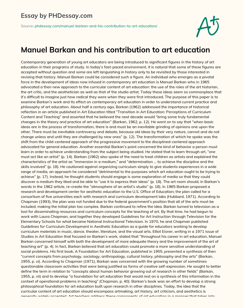 Manuel Barkan  and his contribution to art education essay