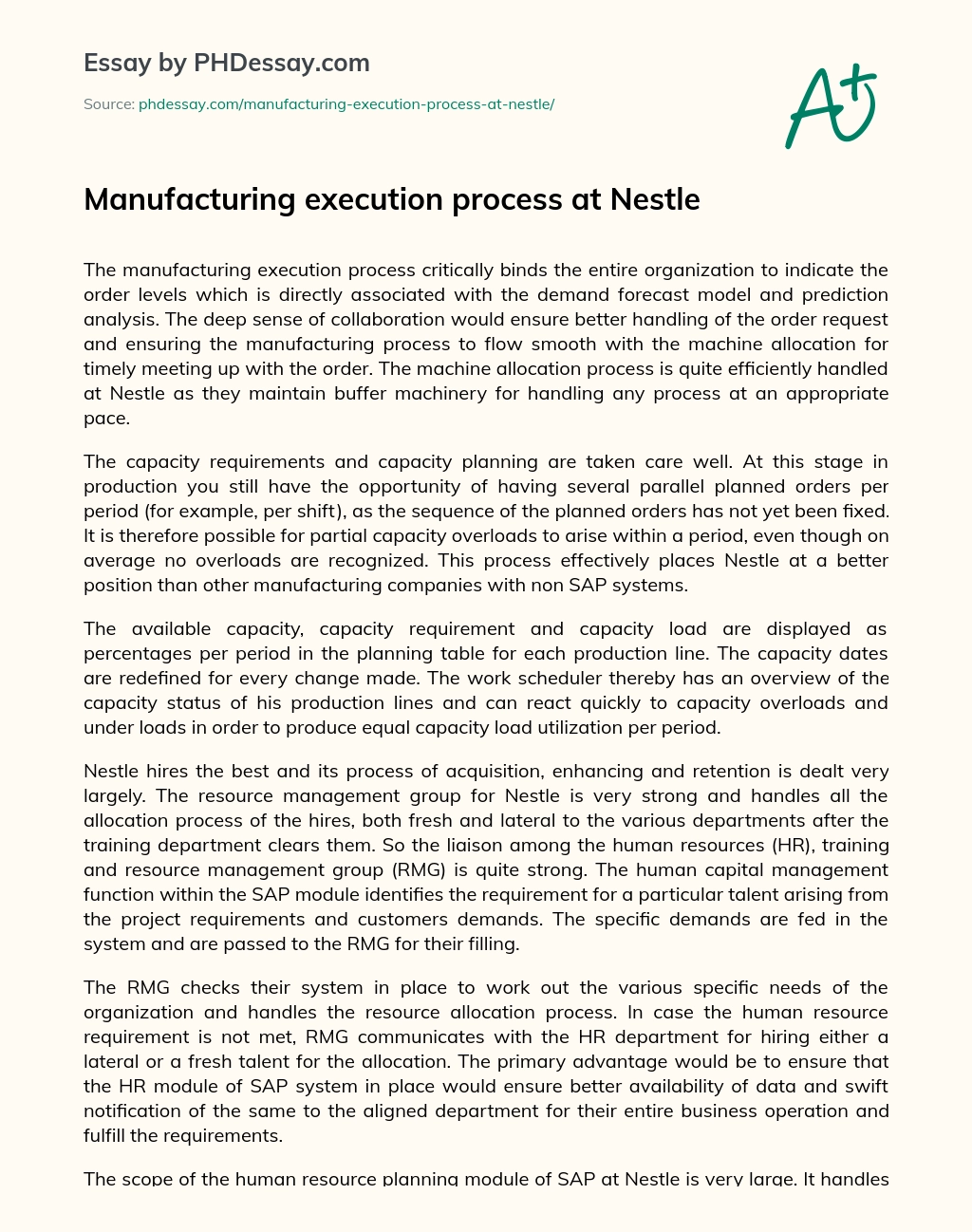 Manufacturing execution process at Nestle essay