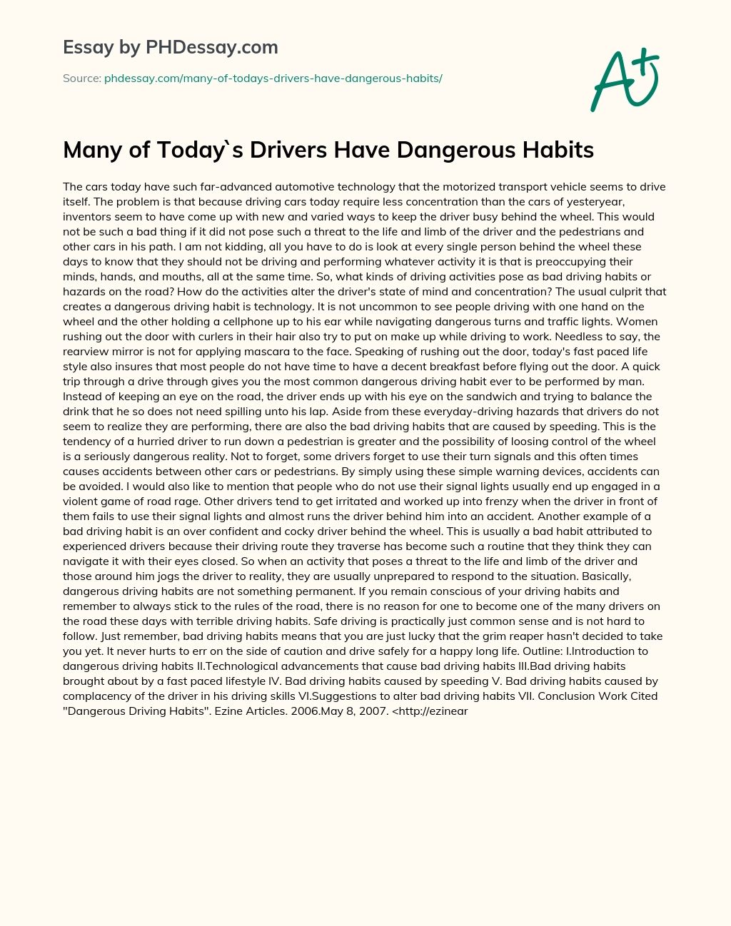 Many of Today`s Drivers Have Dangerous Habits essay