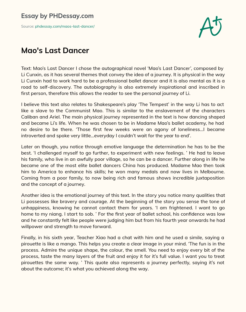 Mao’s Last Dancer essay