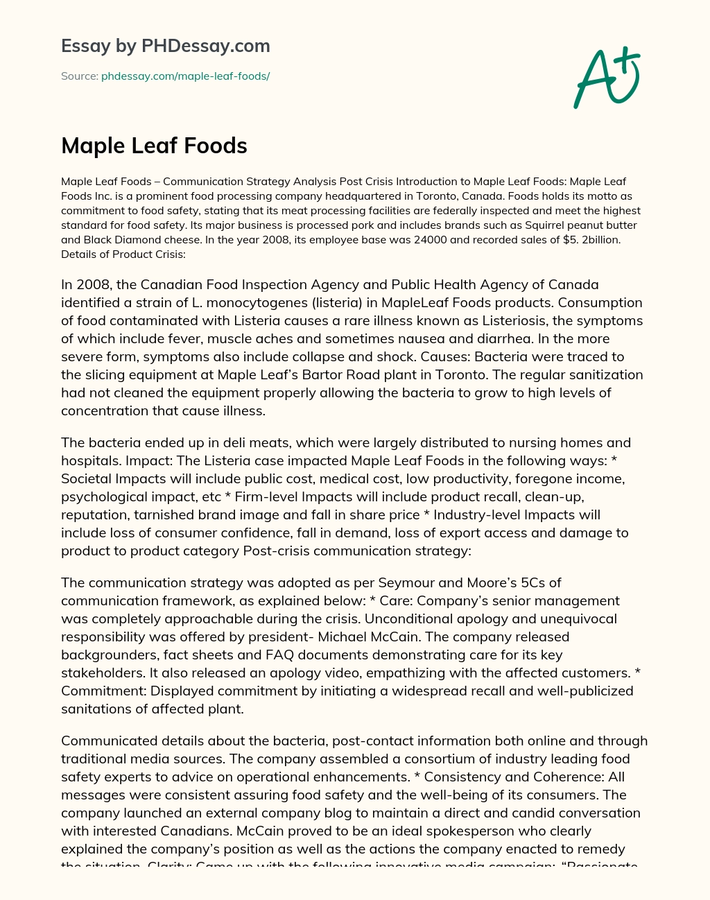 Maple Leaf Foods essay
