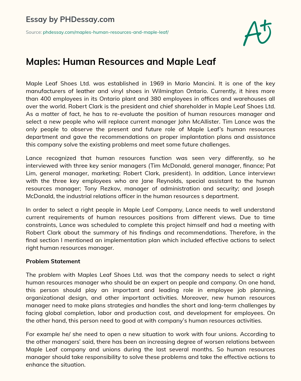Maples: Human Resources and Maple Leaf essay