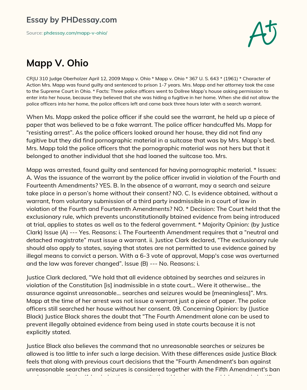 Mapp v. Ohio: Illegal Search and Seizure by Police Officers essay