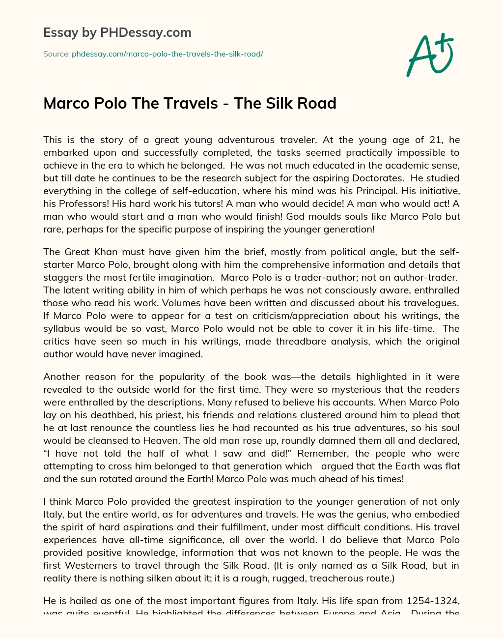 Marco Polo The Travels – The Silk Road essay