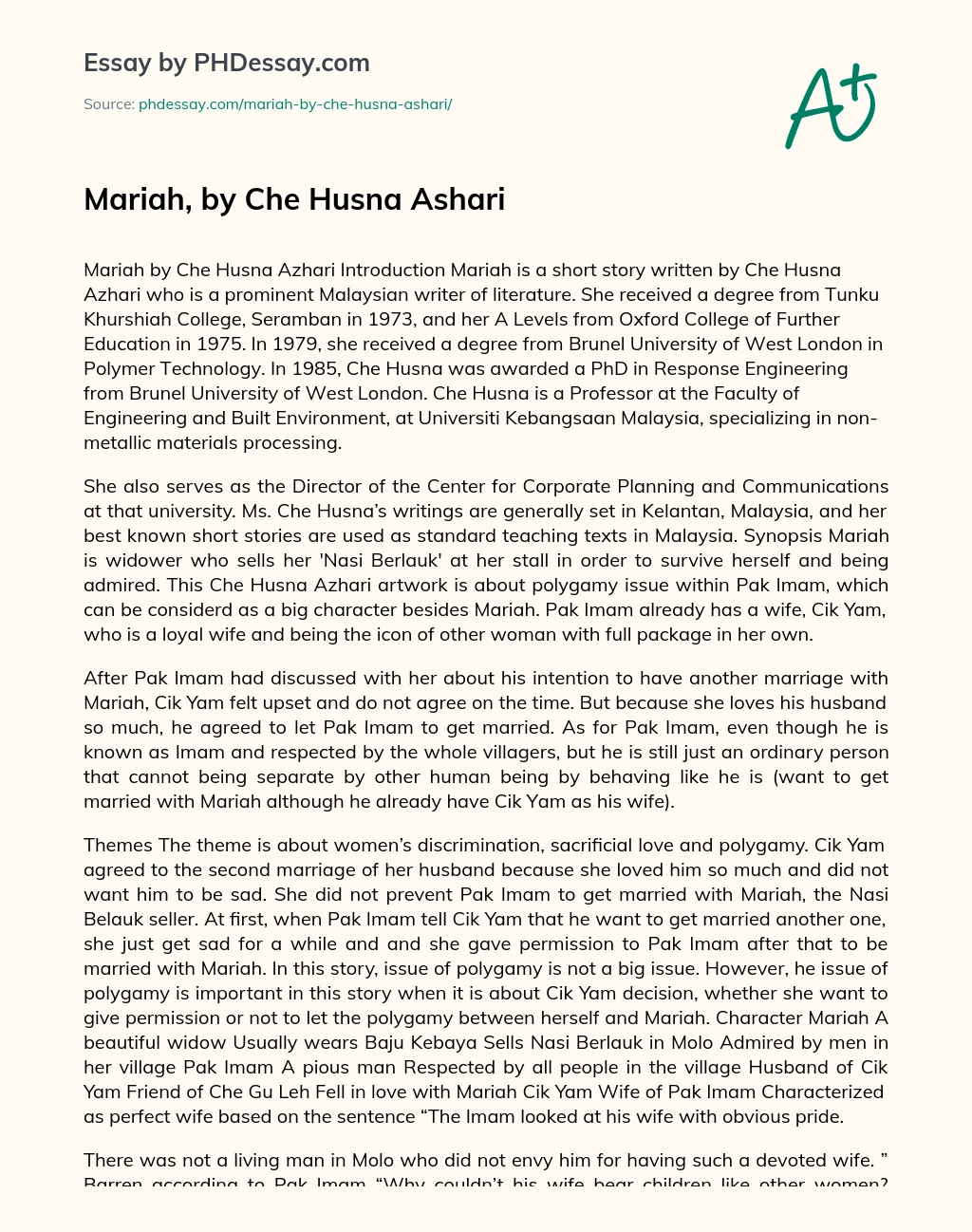 Mariah, by Che Husna Ashari essay