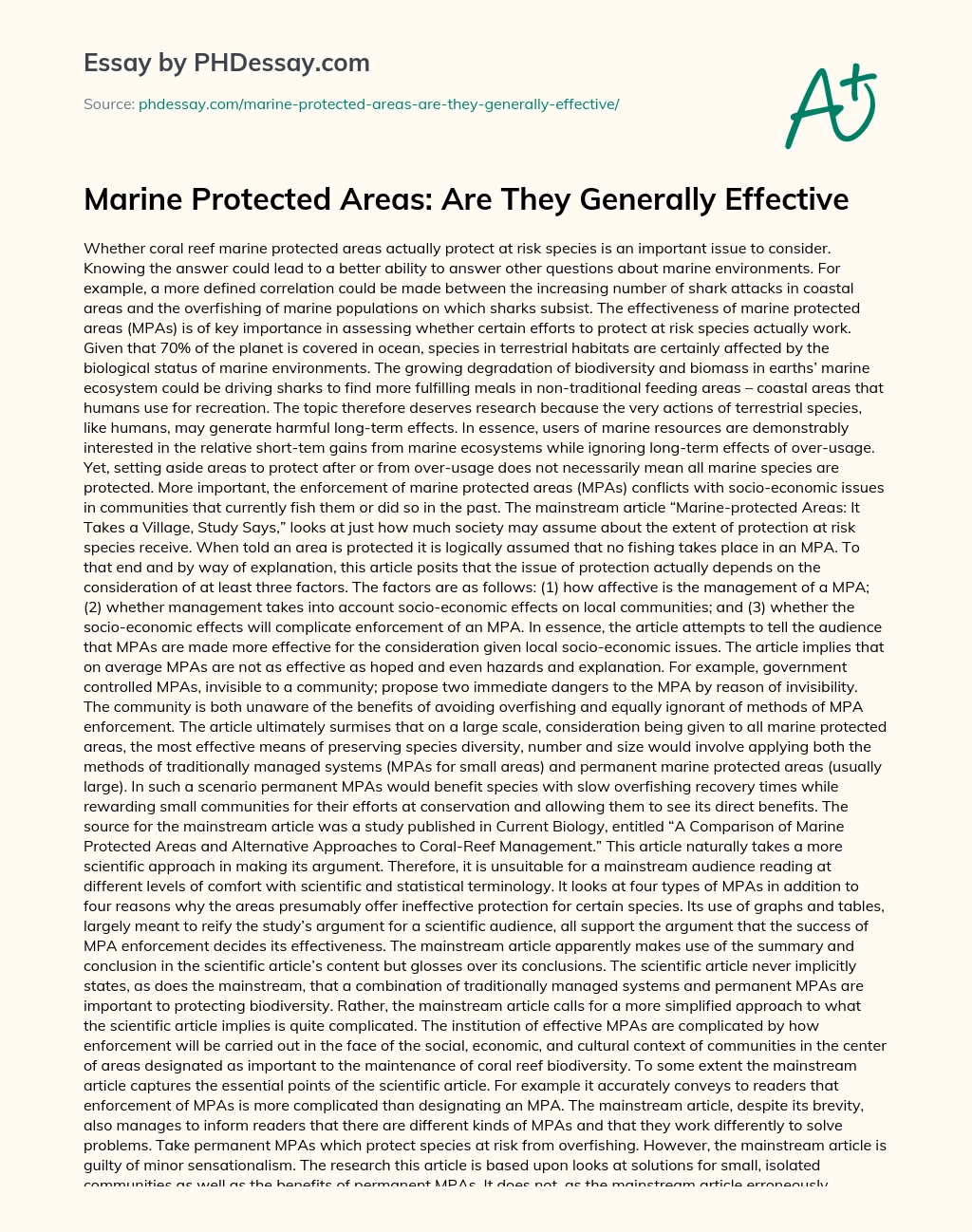 Marine Protected Areas: Are They Generally Effective essay