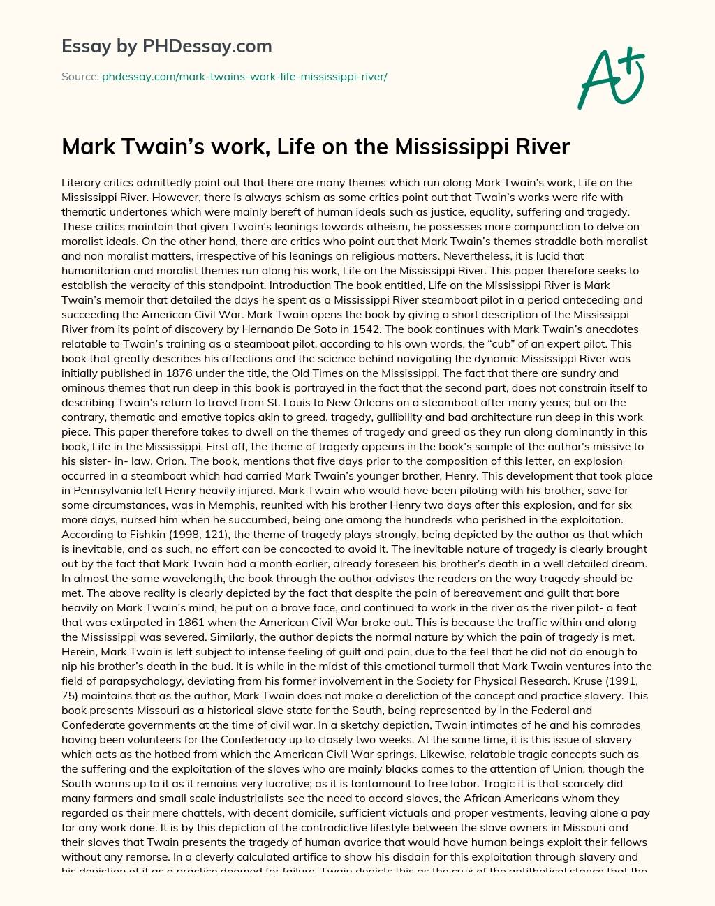 Mark Twain’s work, Life on the Mississippi River essay