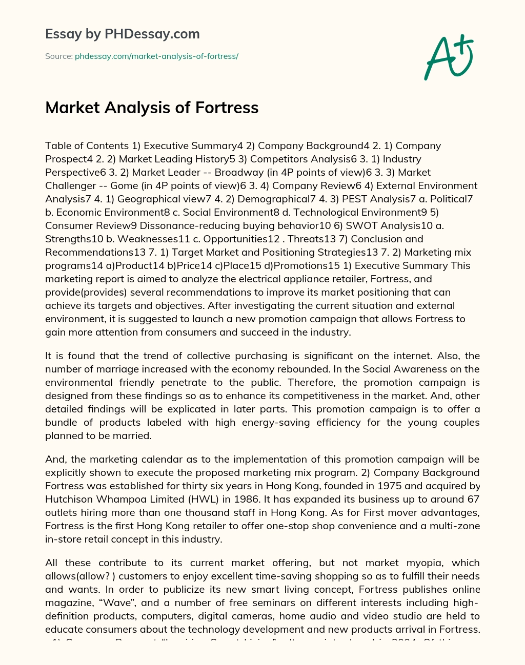 Market Analysis of Fortress essay