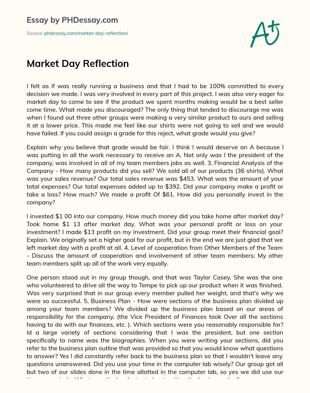 Market Day Reflection essay