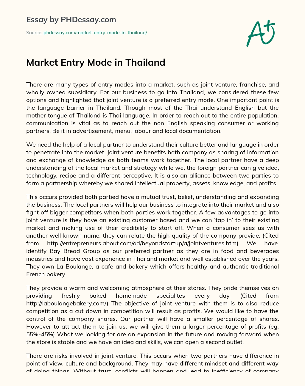 Market Entry Mode in Thailand Essay essay