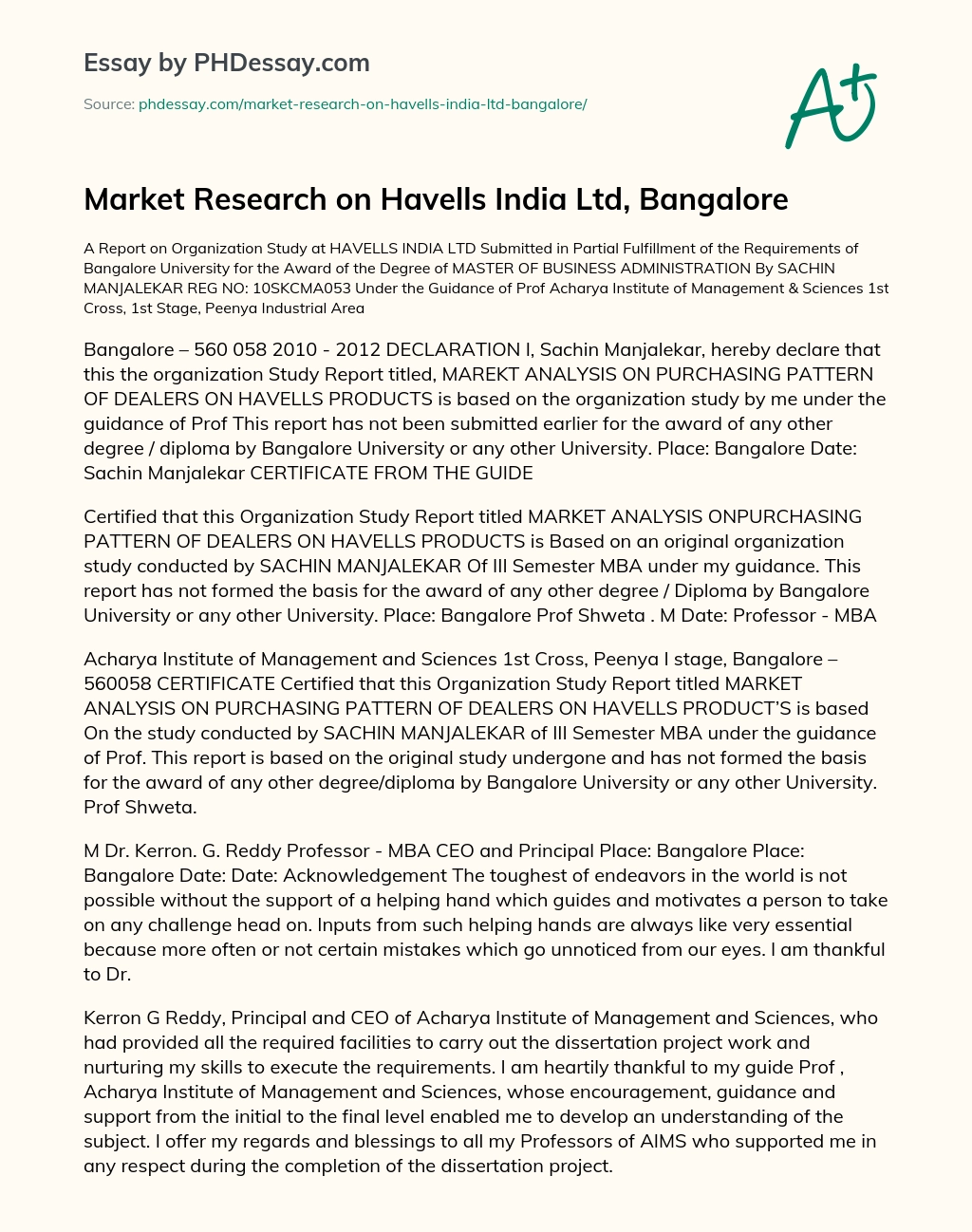 Market Research on Havells India Ltd, Bangalore essay