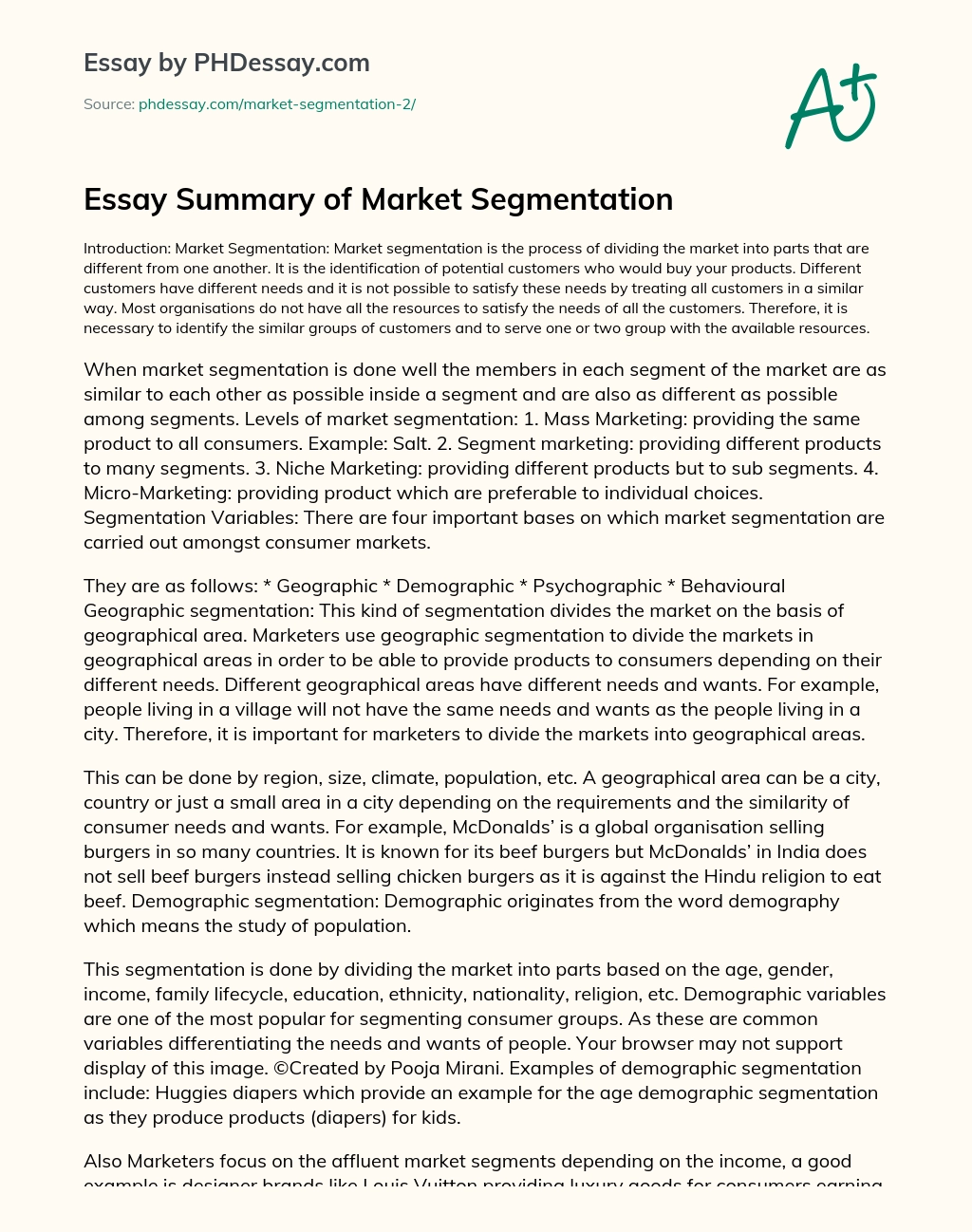 Essay Summary of Market Segmentation essay