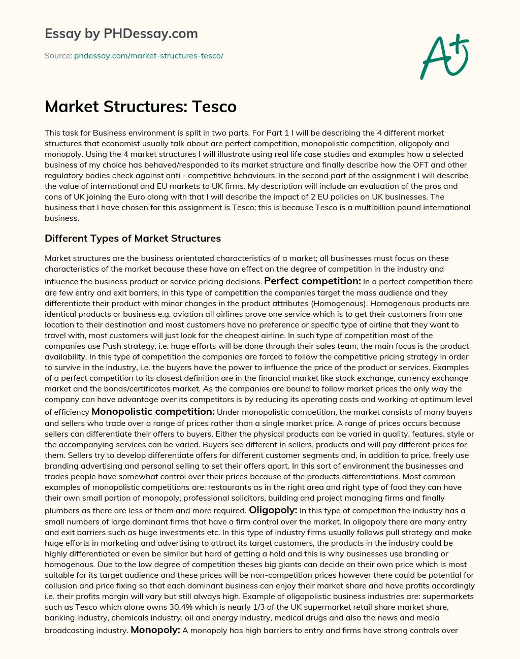 Types of Market Structures and Competition in UK essay