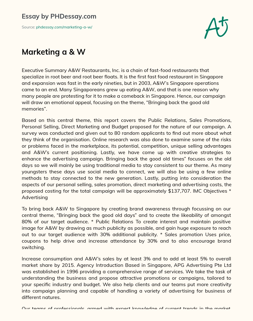 Marketing a & W essay