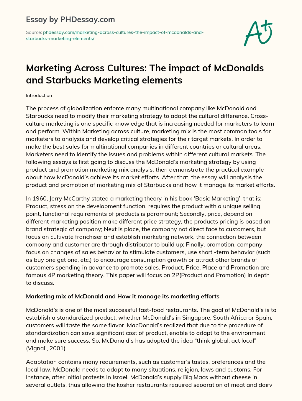 Marketing Across Cultures: The impact of McDonalds and Starbucks Marketing elements essay
