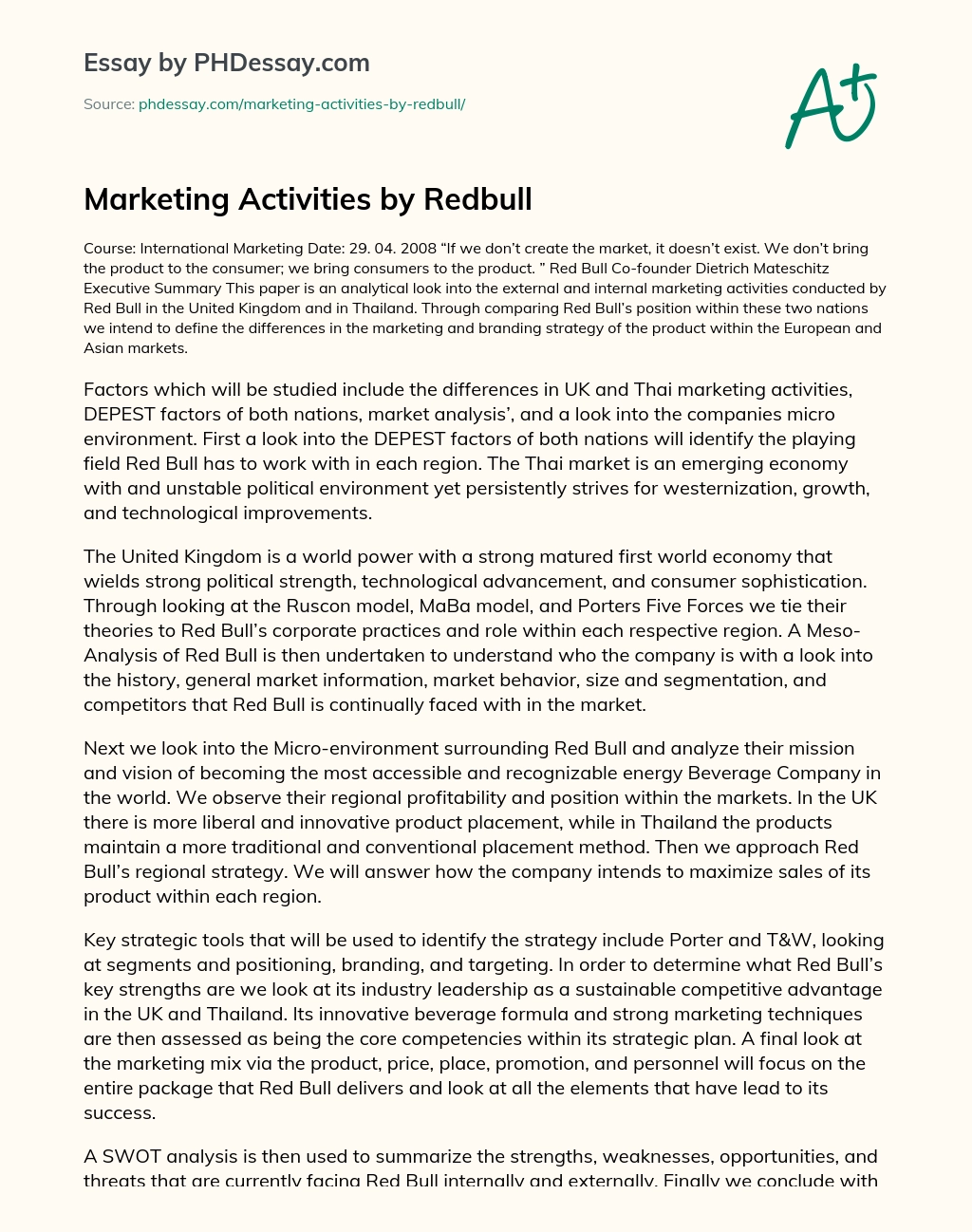 Marketing Activities by Redbull essay