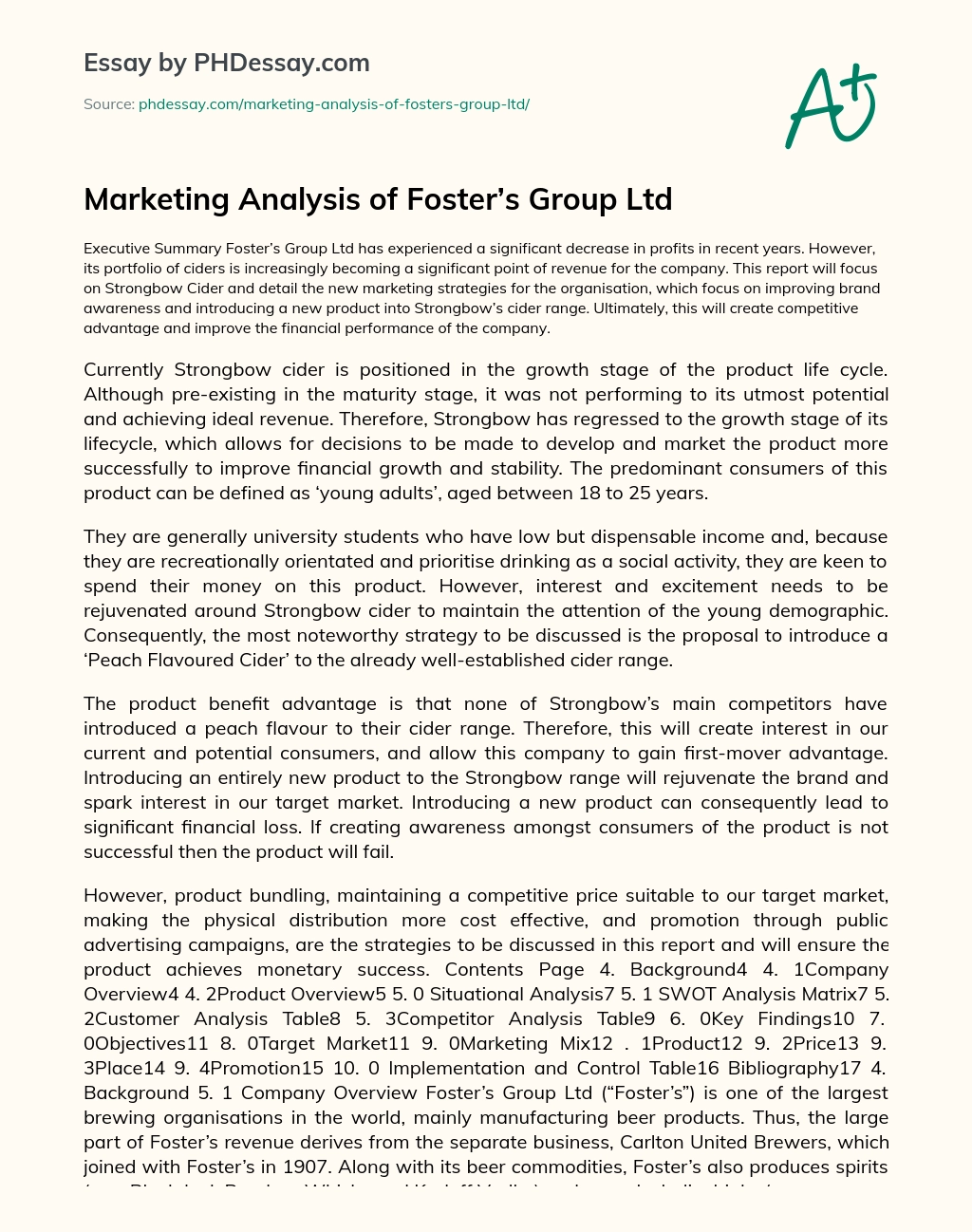 Marketing Analysis of Foster’s Group Ltd essay