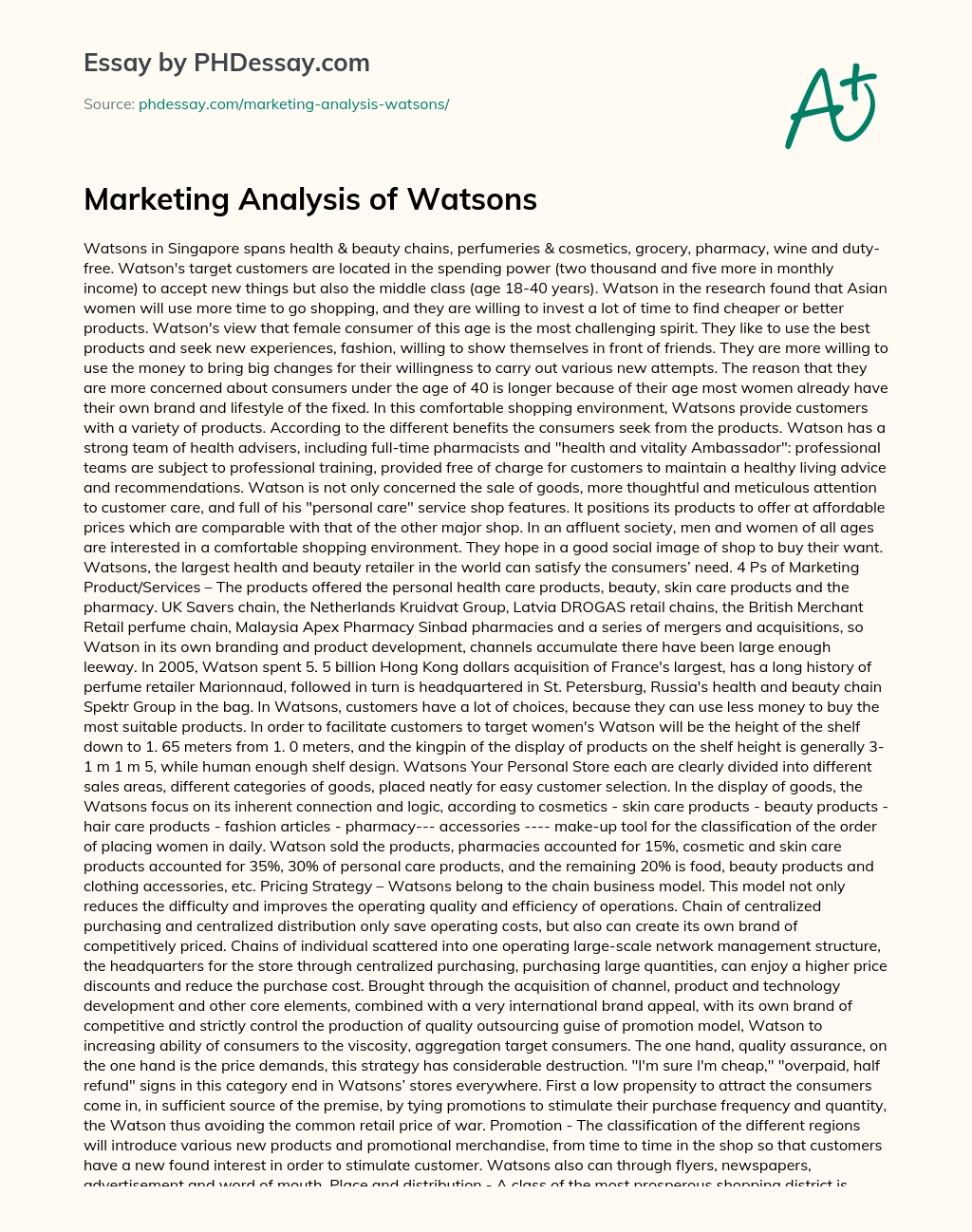Marketing Analysis of Watsons essay