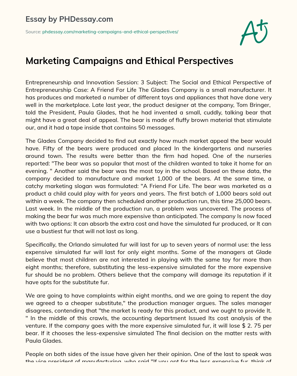 Marketing Campaigns and Ethical Perspectives essay