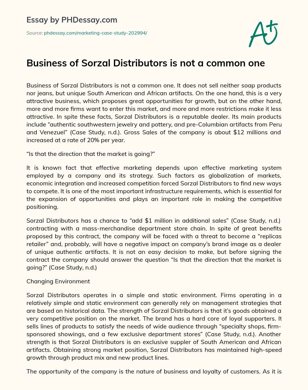 Business of Sorzal Distributors is not a common one essay