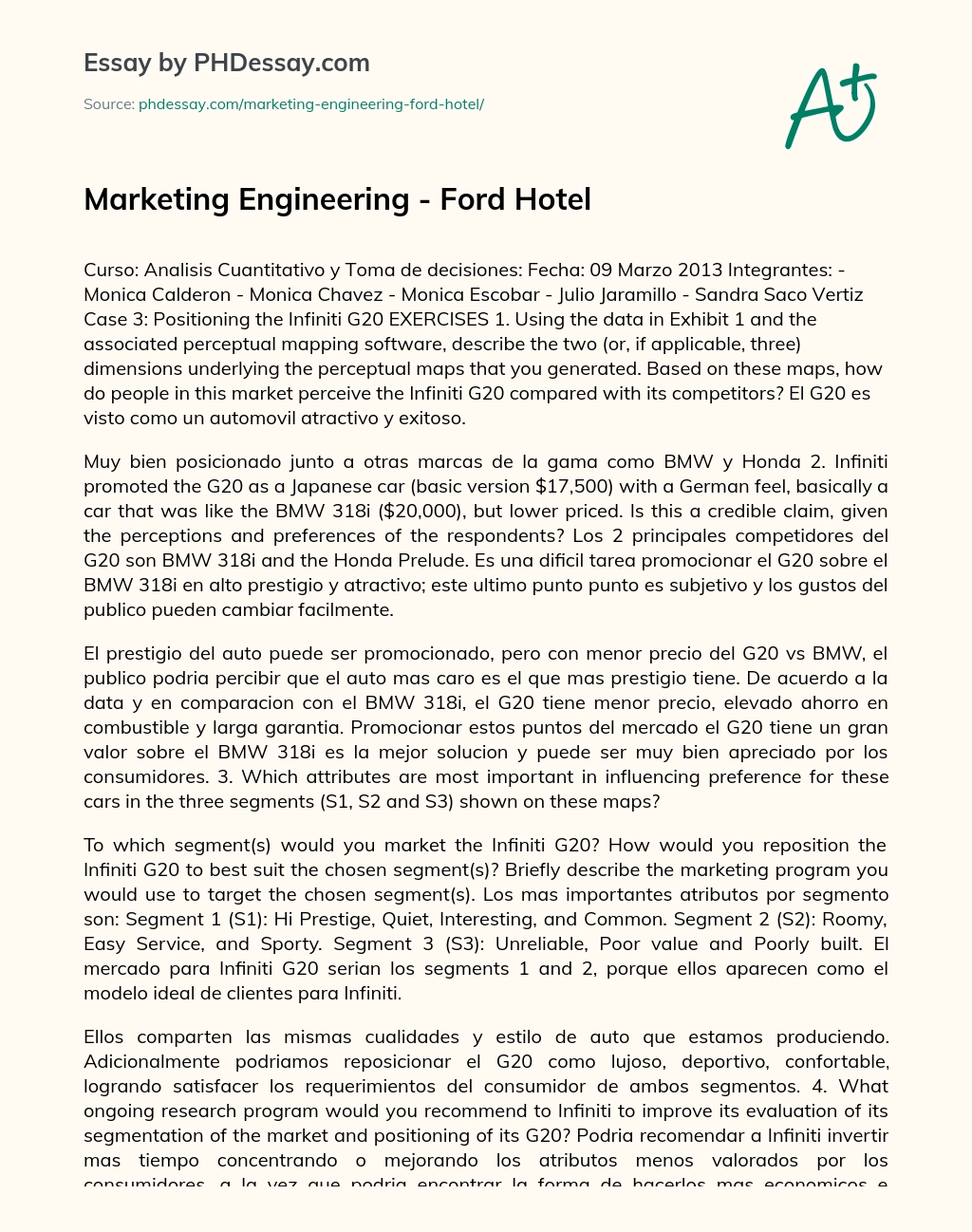 Marketing Engineering – Ford Hotel essay