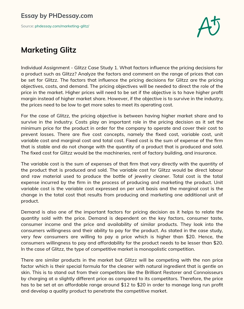 Marketing Glitz essay