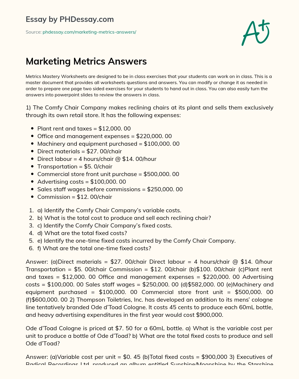 Marketing Metrics Answers essay