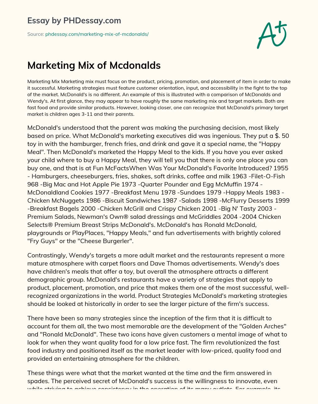 Marketing Mix of Mcdonalds essay