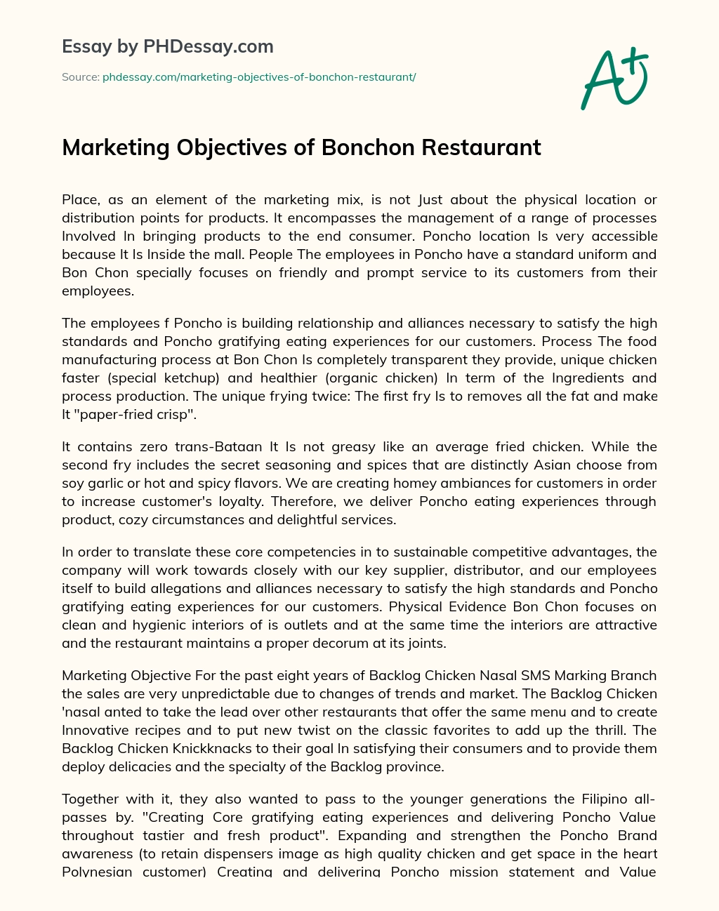 Marketing Objectives of Bonchon Restaurant essay