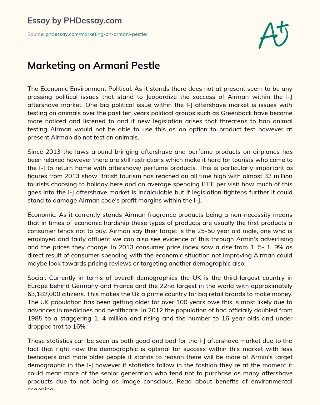 Marketing on Armani Pestle essay