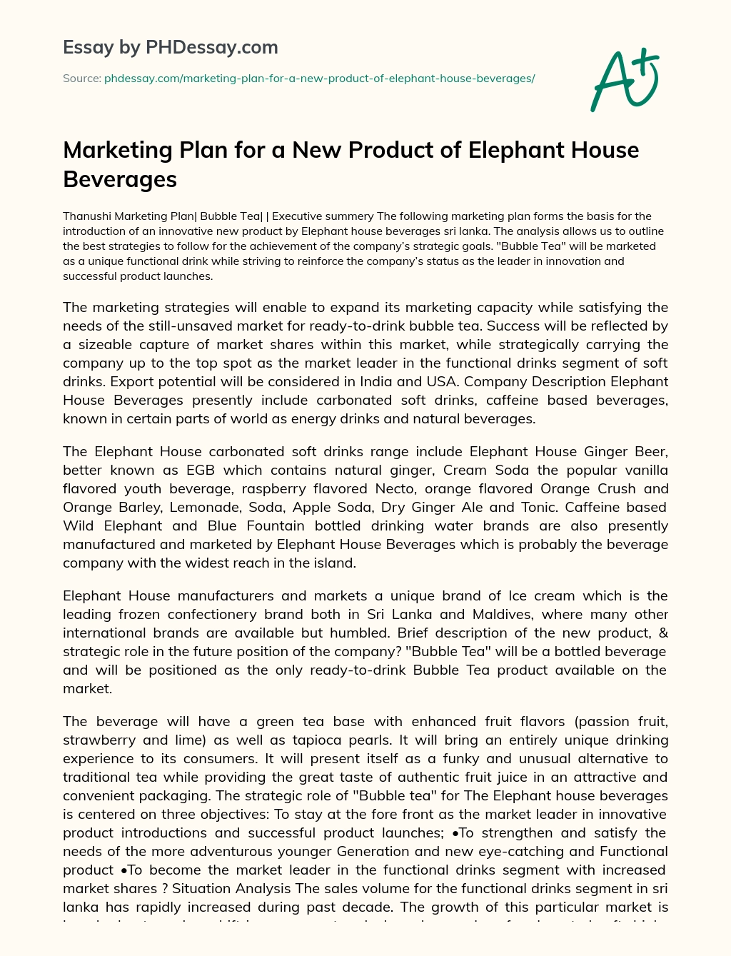 Marketing Plan for a New Product of Elephant House Beverages essay