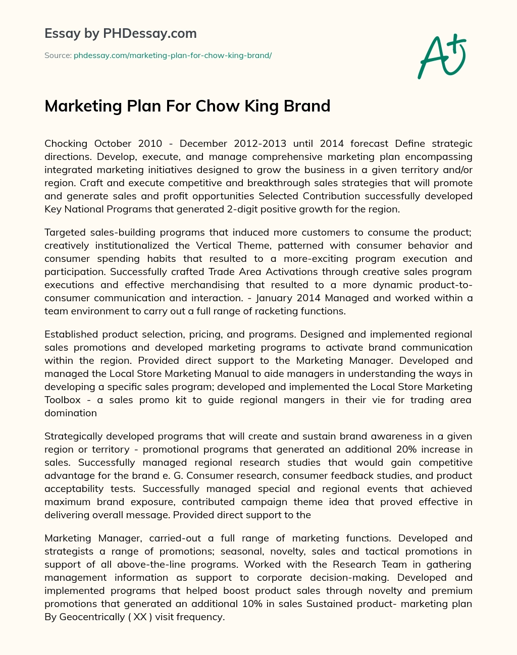 Marketing Plan For Chow King Brand essay