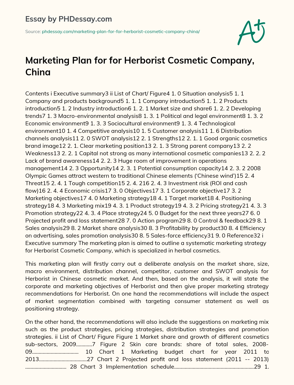 Marketing Plan for for Herborist Cosmetic Company, China essay