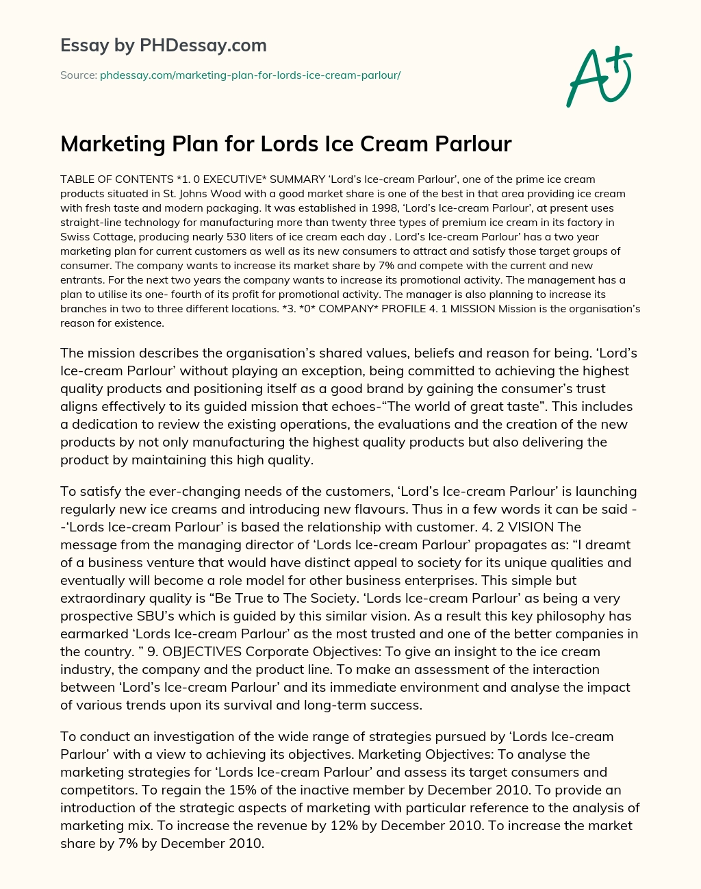 Marketing Plan for Lords Ice Cream Parlour essay