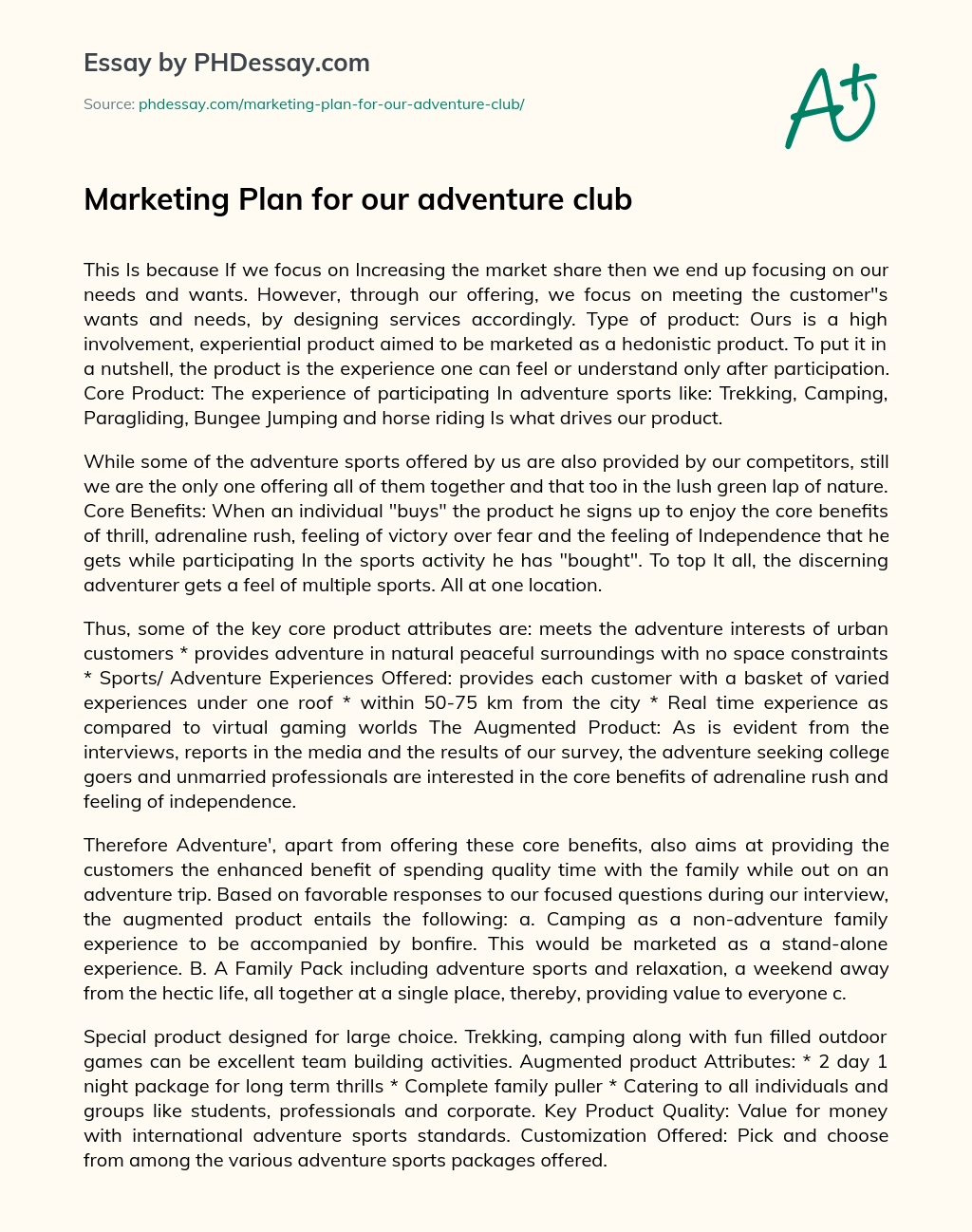 Marketing Plan for our adventure club essay