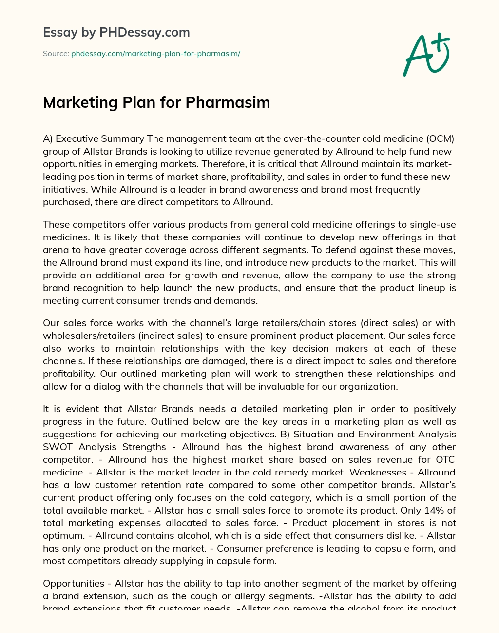 Marketing Plan for Pharmasim essay