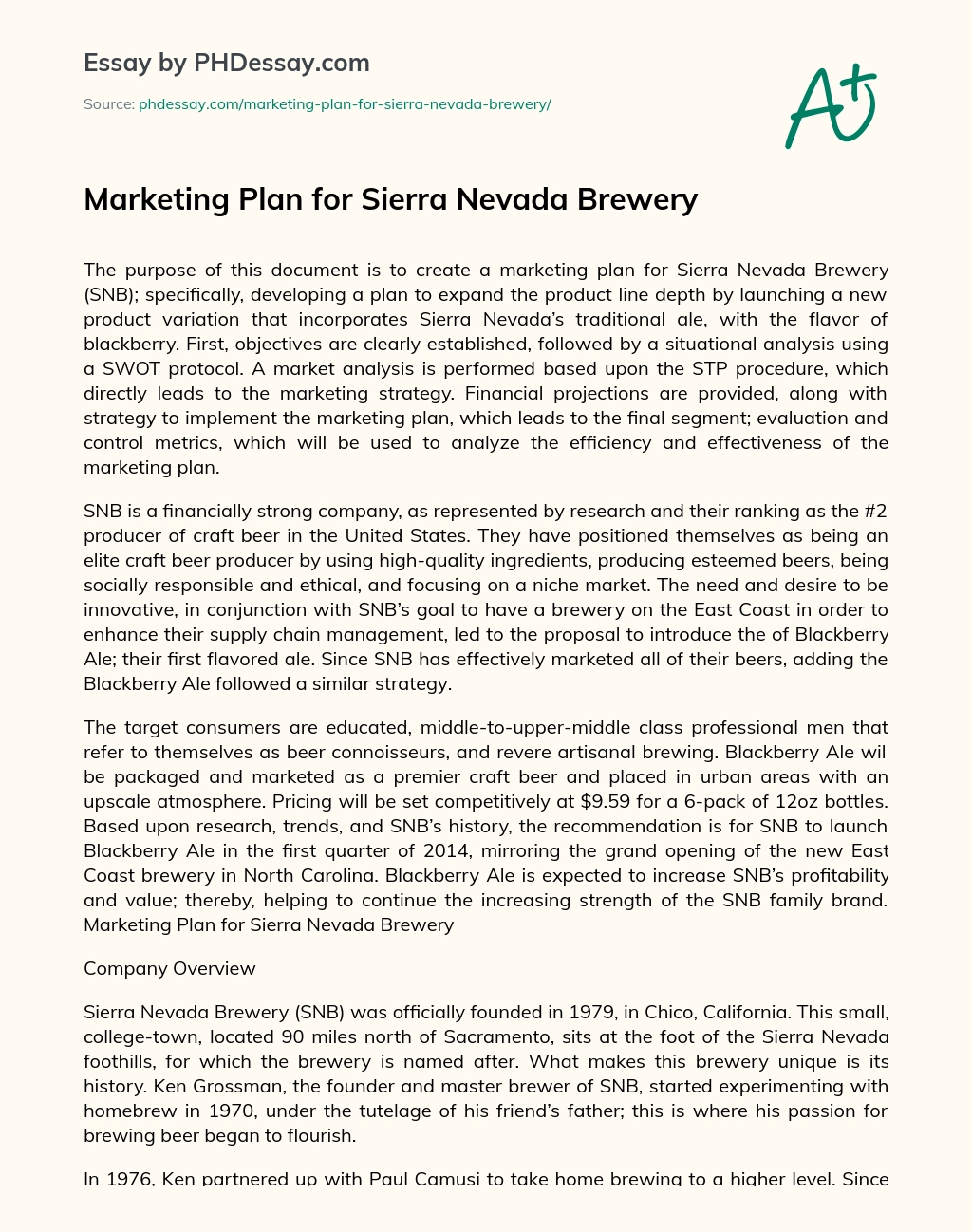 Marketing Plan for Sierra Nevada Brewery essay