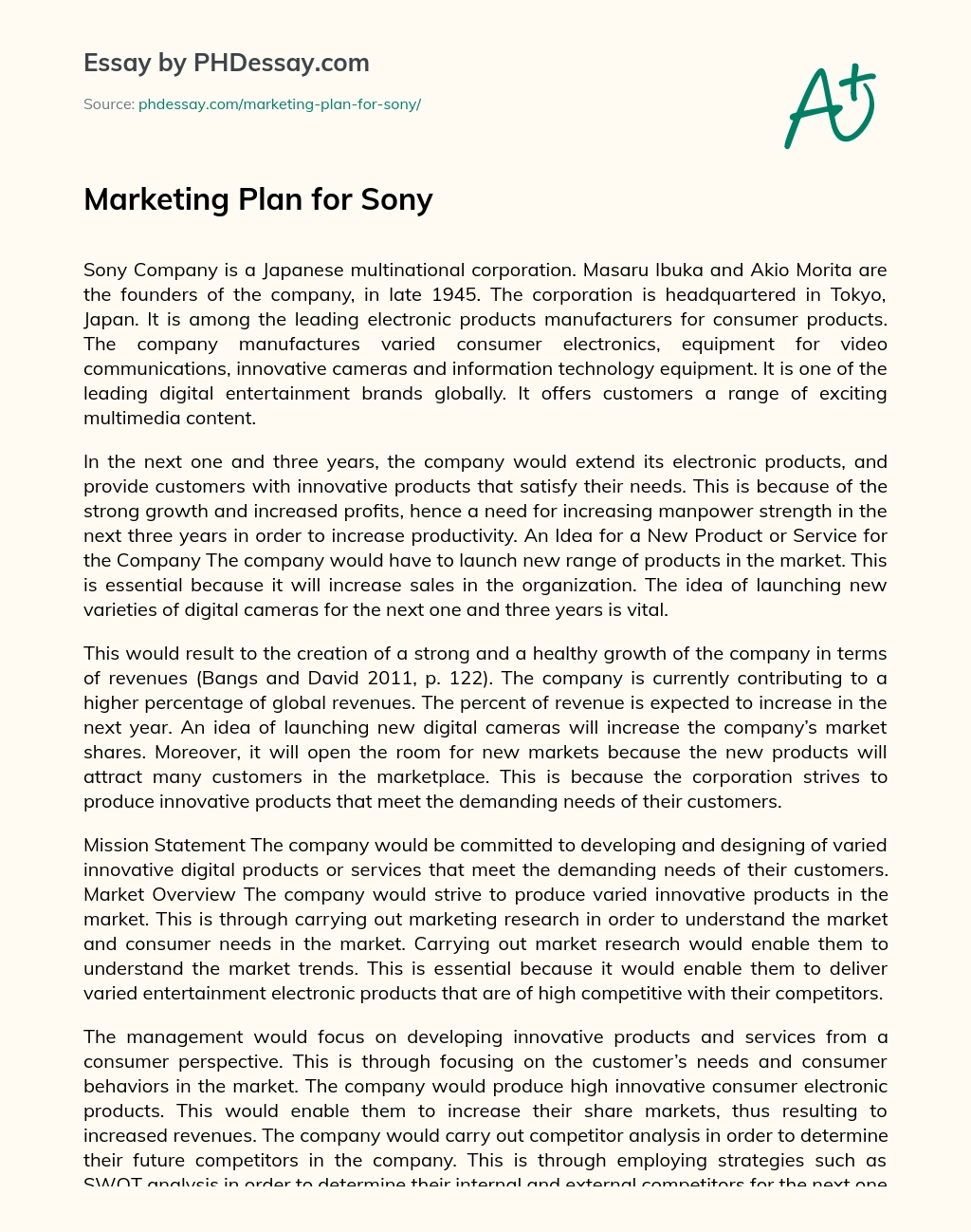Marketing Plan for Sony essay