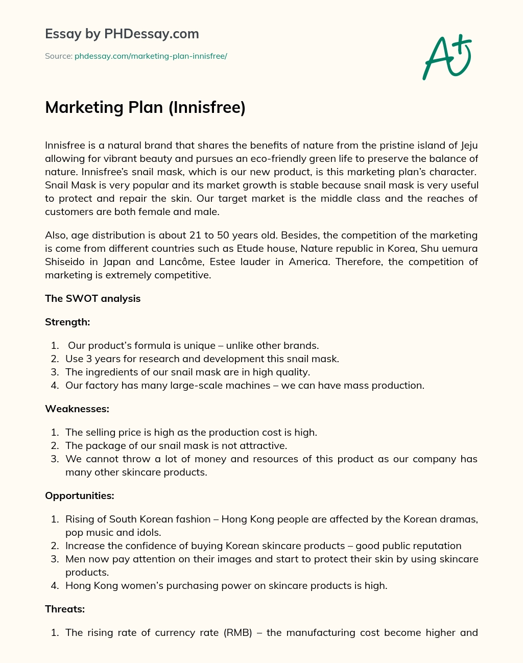Marketing Plan (Innisfree) essay