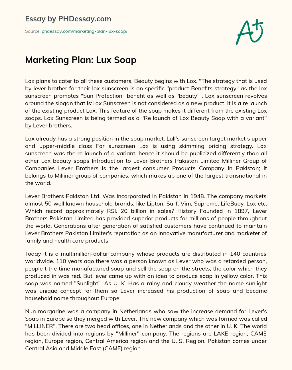 Marketing Plan: Lux Soap essay