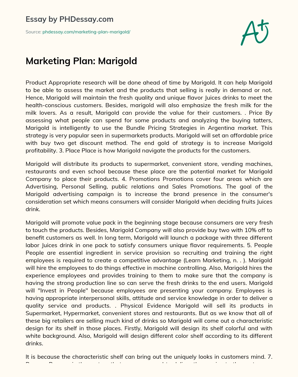 Marketing Plan: Marigold essay