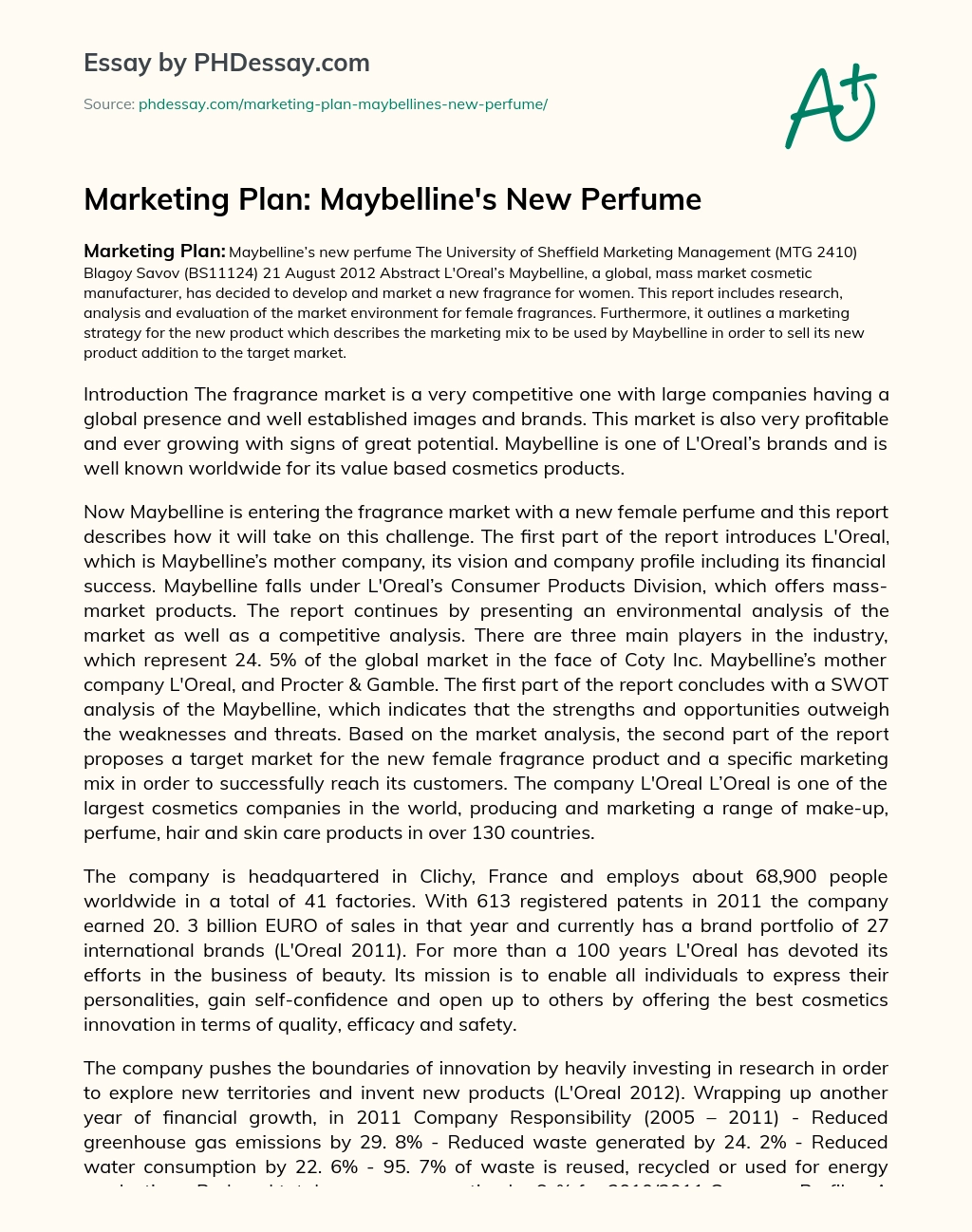 Marketing Plan: Maybelline’s New Perfume essay