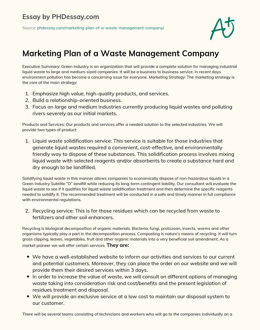 Marketing Plan of a Waste Management Company essay